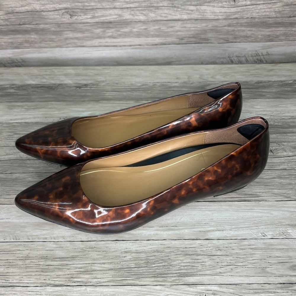 Vionic Women's Pointed Toe Tortoiseshell Patent Flats in Brown - Picture 2 of 14